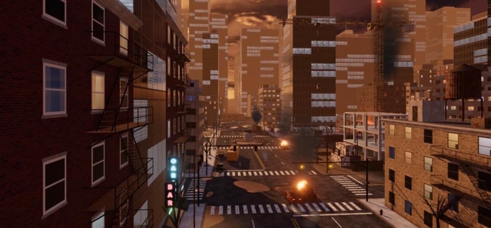 The City in the game: a burning car at a crossing between brick tenements and lit towers
