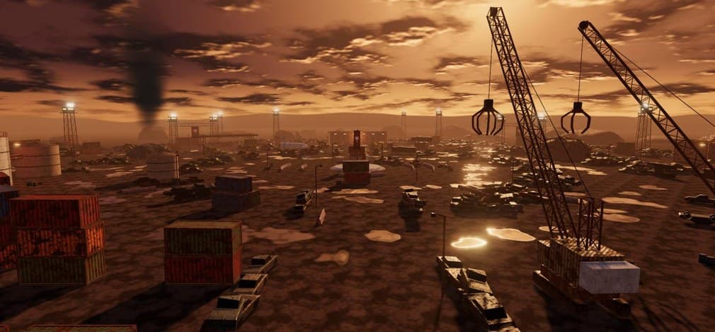 The Scrapyard in the game: stacked containers, crushed cars and two cranes under an orange sky